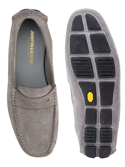 A pair of J & M Collection Dayton Penny loafers in Gray Italian Suede featuring a black Vibram rubber outsole and a yellow accent on the bottom.