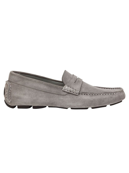 Men's J & M Collection Dayton Penny in Gray Italian Suede loafer shoe with a bow detail and Vibram rubber outsole.