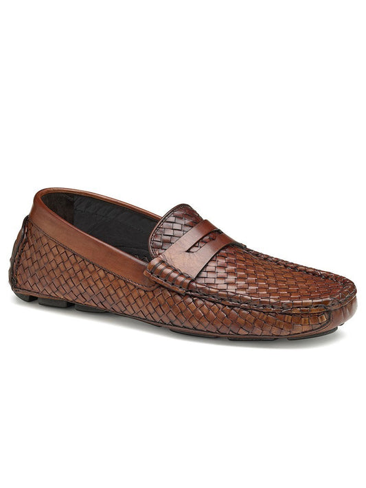 Men's J & M Collection Dayton Woven Penny in Brown Italian Calfskin saddle loafer on a white background.