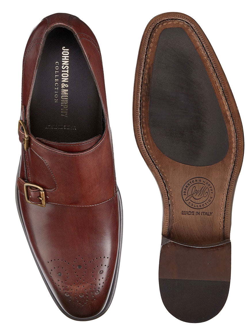 J & M Collection Ellsworth Monk Strap shoes in Brown Italian Calfskin with a leather lining and brown sole.