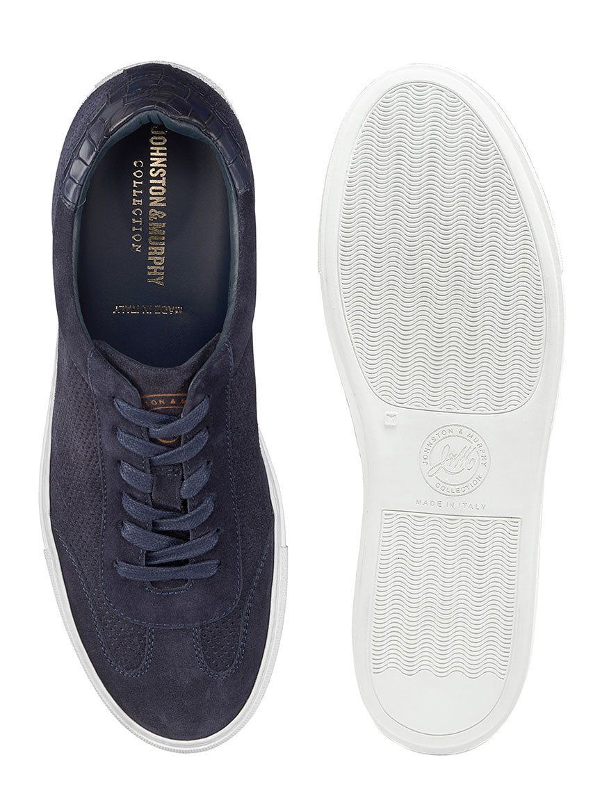 A pair of J & M Collection Jake Perfed U-Throat in Navy Italian Suede sneakers with white soles, made in Italy.