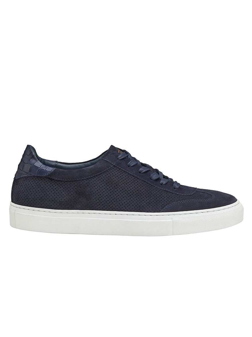 A men's J & M Collection Jake Perfed U-Throat in Navy Italian Suede sneaker with white soles made in Italy.