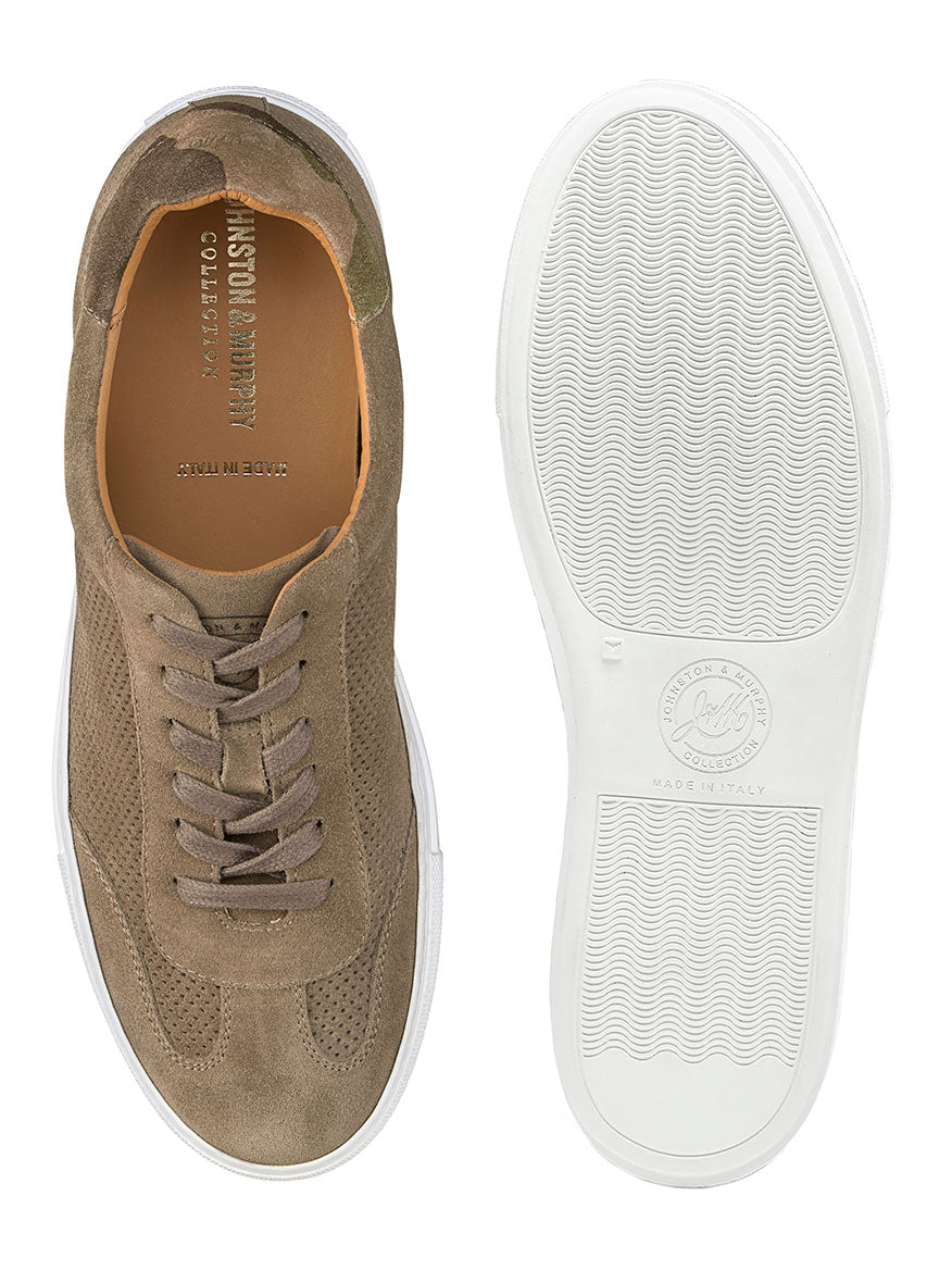 Top and bottom view of a pair of J & M Collection Jake Perfed U-Throat in Taupe Italian Suede with white rubber soles by Johnston & Murphy. The top features laces, perforations, and leather lining, while the bottom has a textured grip pattern with "Made in Italy" embossed.
