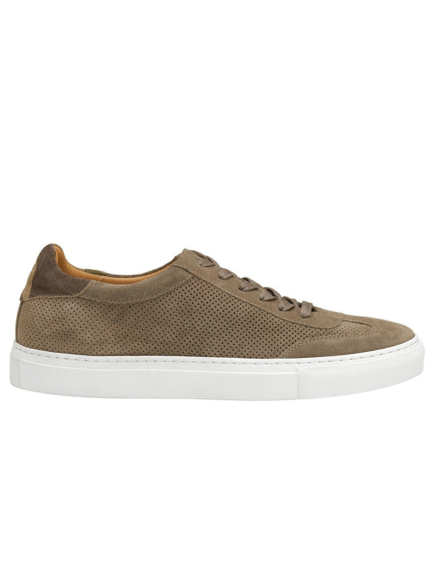 A J & M Collection Jake Perfed U-Throat in Taupe Italian Suede with white soles, brown laces, leather lining, and a comfortable polyurethane footbed from Johnston & Murphy.