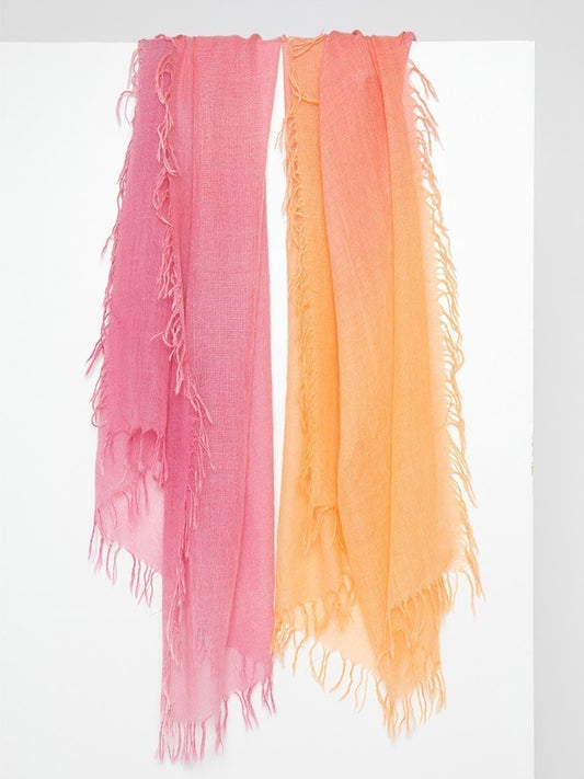 Two Kinross Multicolor Spray Print Scarves in Raspberry Multi displayed against a white background.