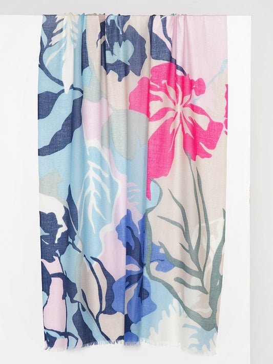 A Kinross St. Barth's Print Scarf in Raspberry Multi draped against a white background.