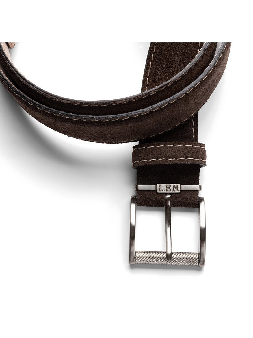 LEN Belts Italian Suede in Chocolate with Beige Stitch