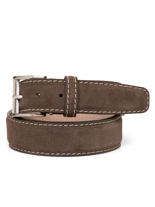 The LEN Belts Italian Suede in Chocolate with Beige Stitch features a silver buckle and offers casual luxe style, making it a versatile addition to any wardrobe.