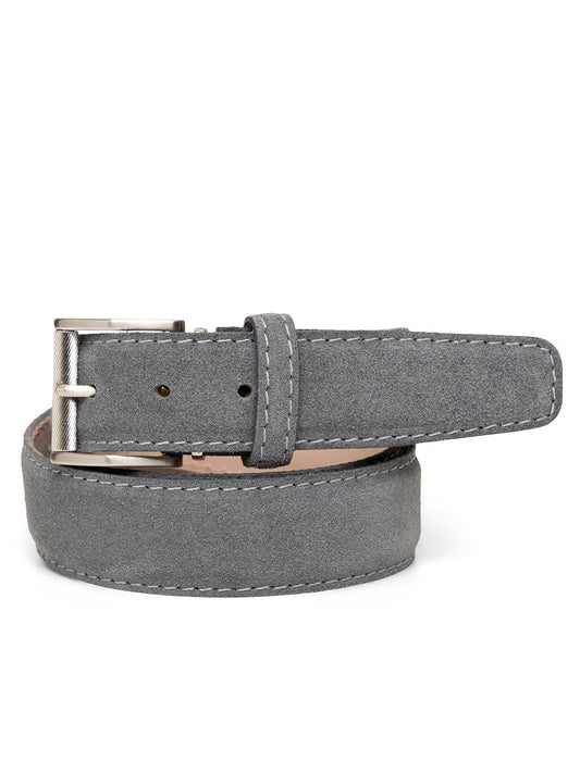 The LEN Belts Italian Suede in Charcoal features grey stitching and a silver buckle, handcrafted in the USA. Shown coiled with the buckle to the left.
