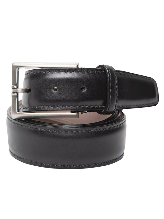 A LEN Belts Italian Marbled Calf Belt in black with a silver buckle, coiled and isolated on a white background.