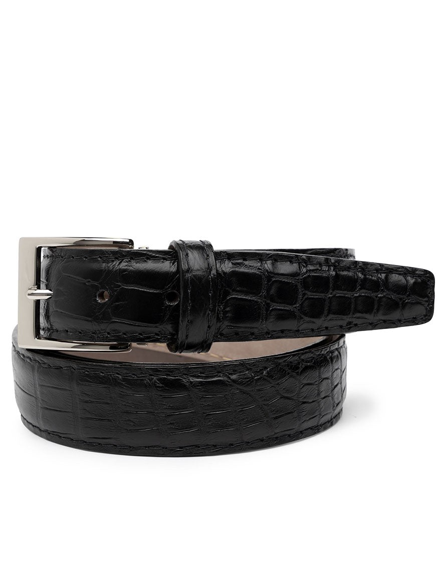 The LEN Belts American Alligator Belt in Black, a luxury accessory featuring solid brass hardware and a silver buckle, is crafted from premium black leather with a sophisticated crocodile texture.