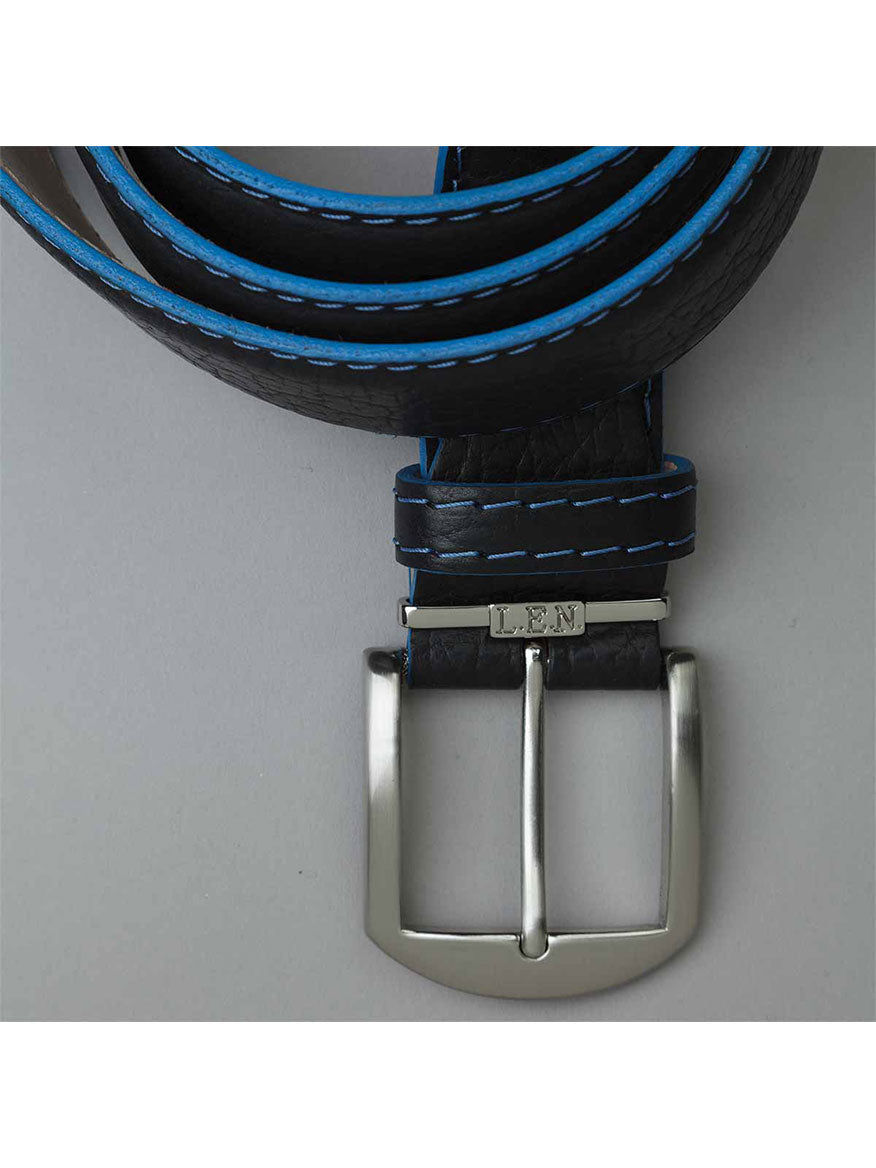 The LEN Belts American Bison Belt in Black with Denim Blue Edge & Stitching features a coiled design, solid brass hardware, a metallic buckle, and the initials "L N" engraved on the buckle loop.