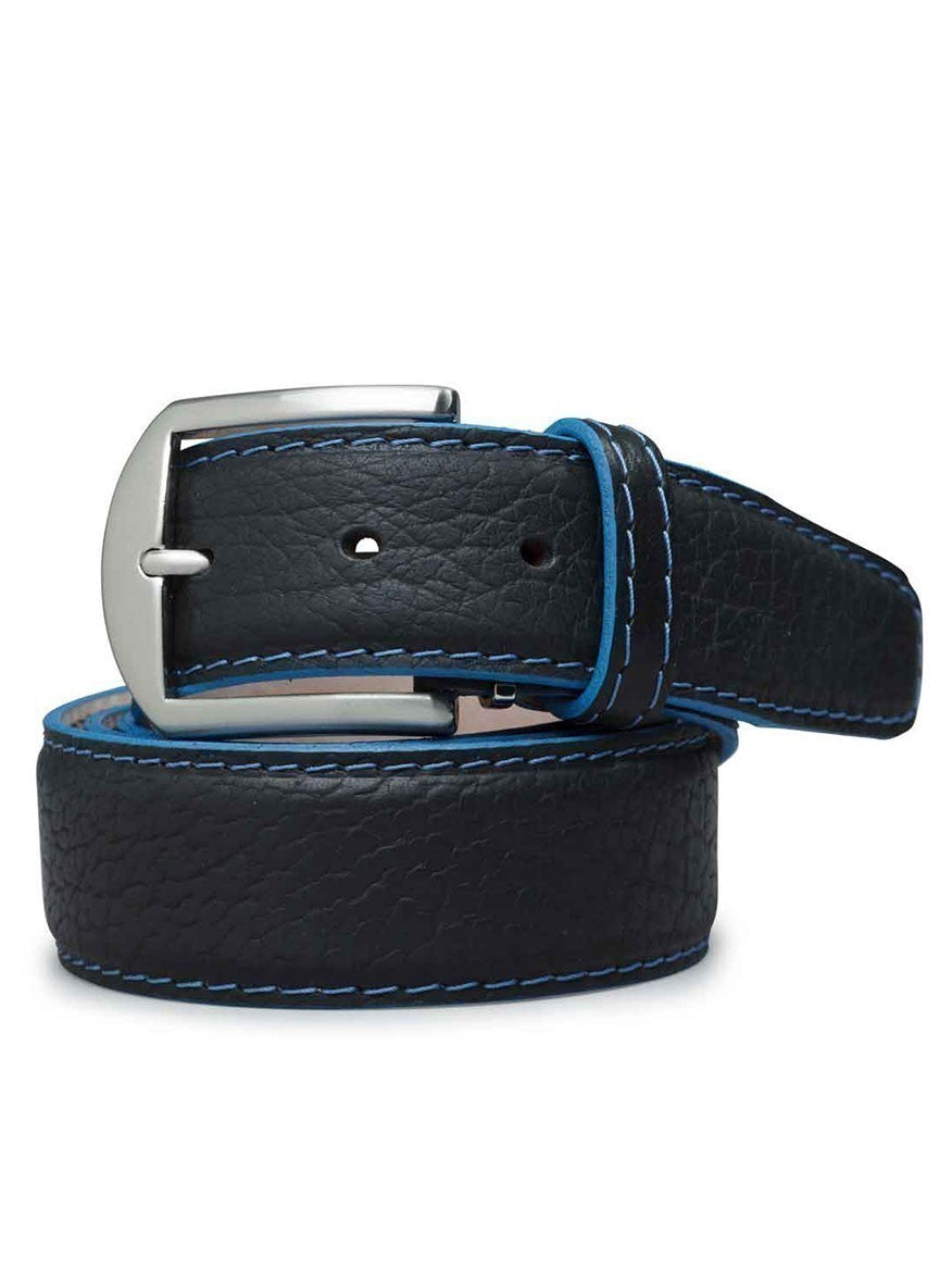 The LEN Belts American Bison Belt in Black with Denim Blue Edge & Stitching, featuring a silver buckle, is the perfect accessory for adding a touch of style to your outfit.