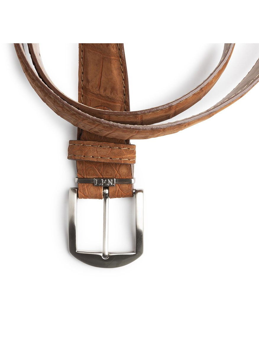LEN Belts Buffed American Alligator Belt in Chestnut featuring solid brass hardware, elegantly coiled on a white background.