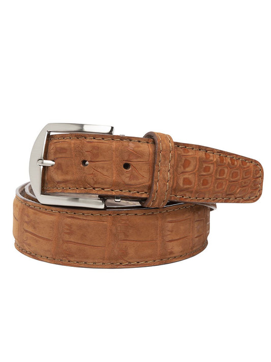 LEN Belts Buffed American Alligator Belt in Chestnut, featuring solid brass hardware and a silver buckle, coiled in a loop.