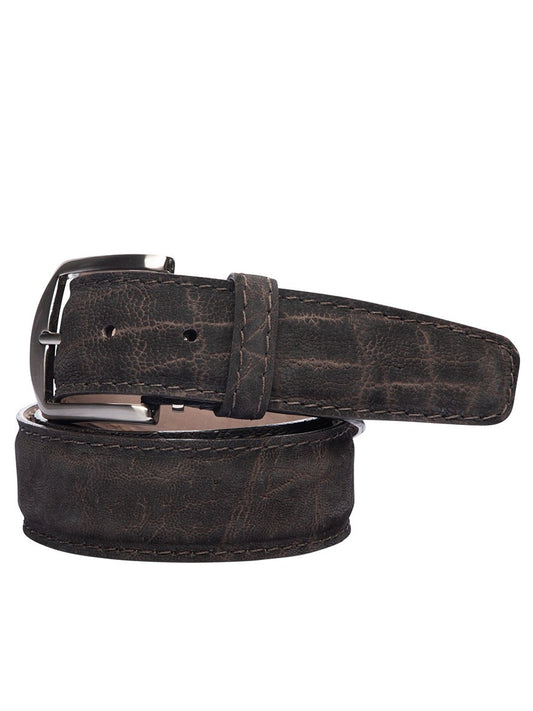 The LEN Belts Licensed & Registered Sueded Elephant Belt in Chocolate features a dark brown, textured surface with visible stitching, solid brass hardware for durability, and a silver rectangular buckle; rolled up in a coil.