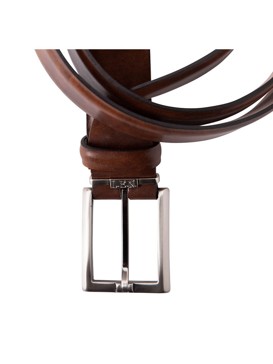 Close-up of the LEN Belts Italian Marbled Calf Belt in Pecan, featuring a silver rectangular buckle engraved with "TEN," crafted from premium Italian marbled calf for an elegant finish.