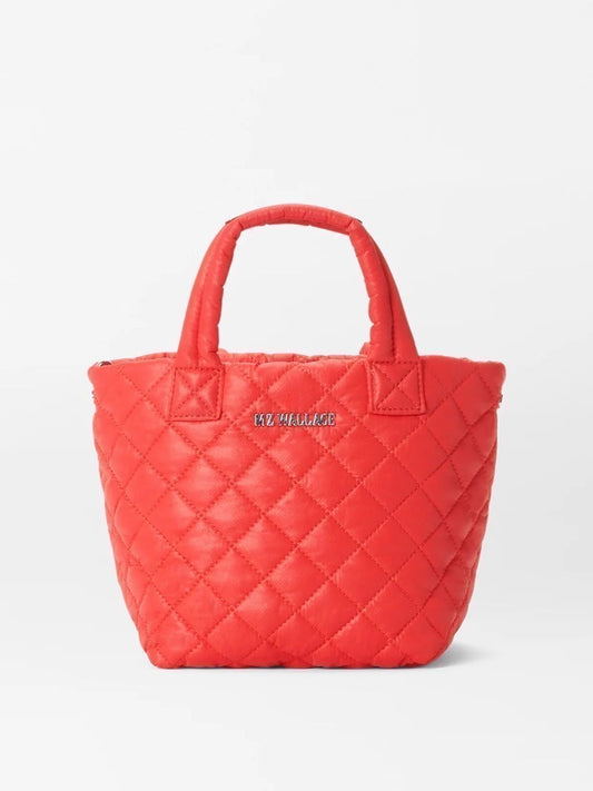 A red quilted MZ Wallace Micro Metro Tote Deluxe in Cherry Oxford, displayed on a plain white background.