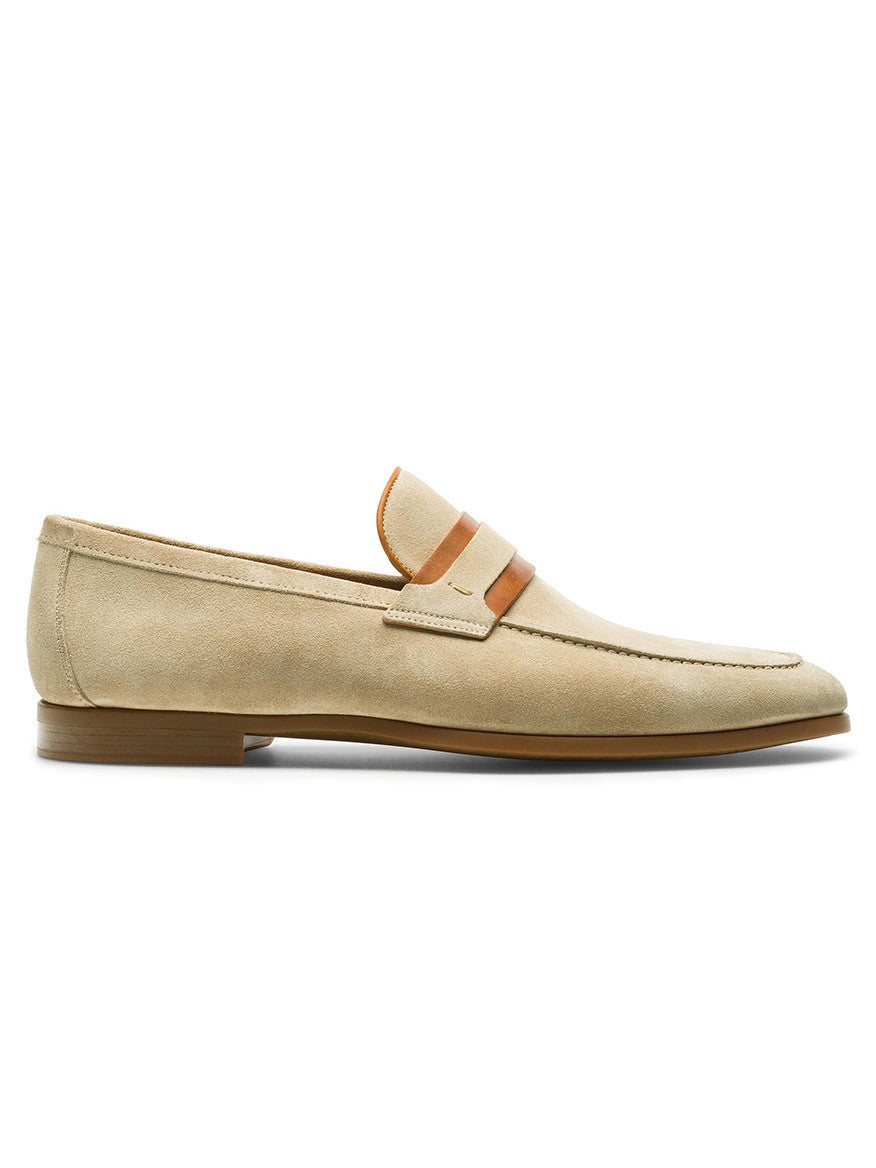 Beige suede Magnanni Daniel in Taupe/Cuero Suede penny loafer with brown leather strap detail on white background.