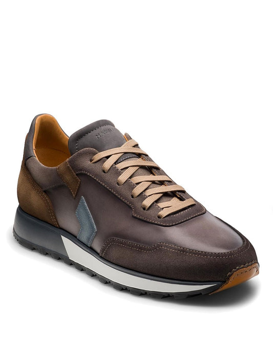 Men's brown leather Magnanni Aero sneaker with lace-up front and Grey/Taupe accents from the retro runner collection.

(Product Name: Magnanni Aero in Grey/Taupe)