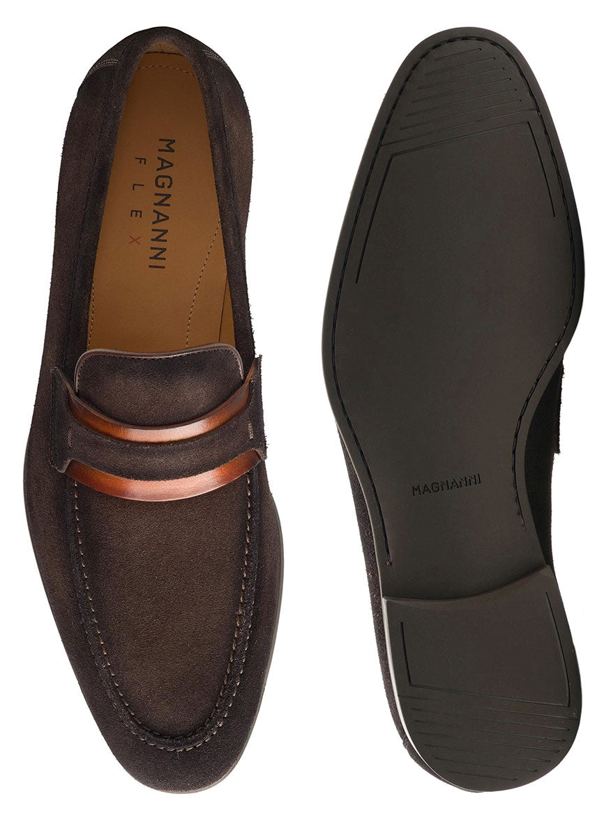 A pair of Magnanni Daniel loafers in Brown Suede & Cognac from the Línea Flex Collection with a brown leather sole.