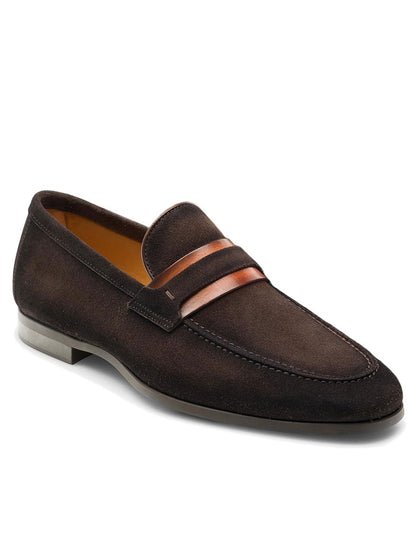 A men's Magnanni Daniel in Brown Suede & Cognac loafer from the Línea Flex Collection by Daniel, with a tan stripe.