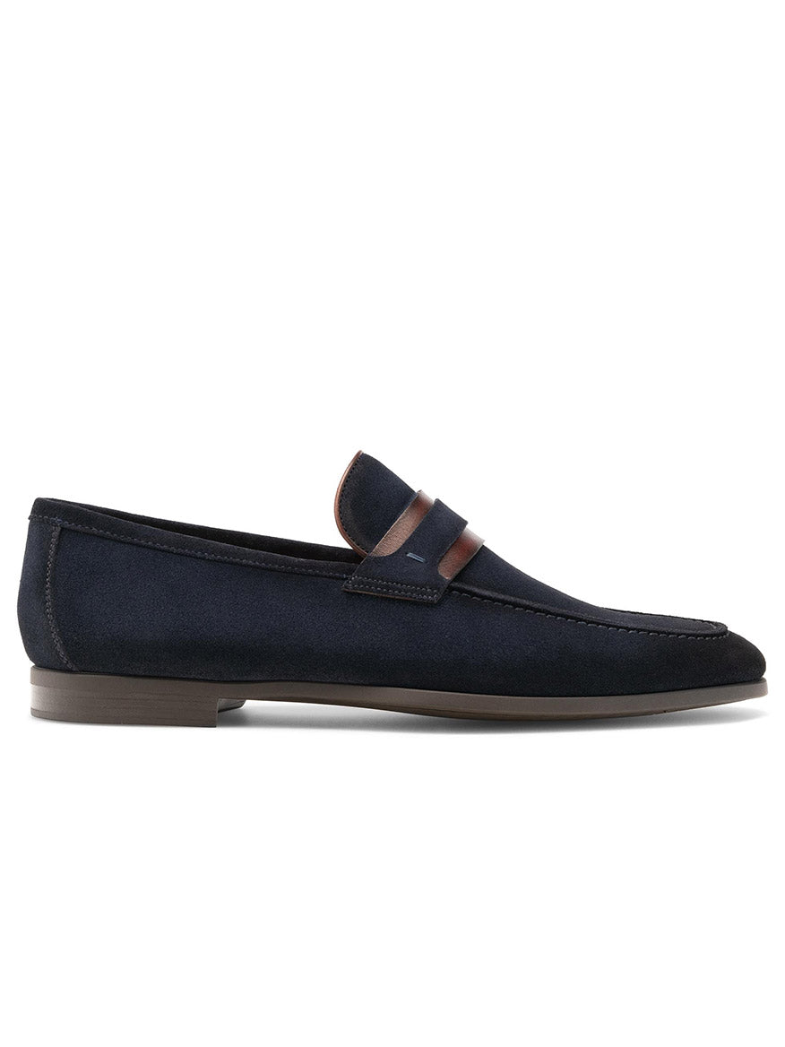Magnanni Daniel in Navy Suede men's penny loafers with leather strap keeper.