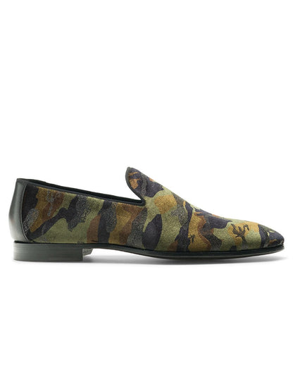 A Magnanni Jareth in Green Camo Velvet loafer with a black sole, perfect for slipping into comfort and style.