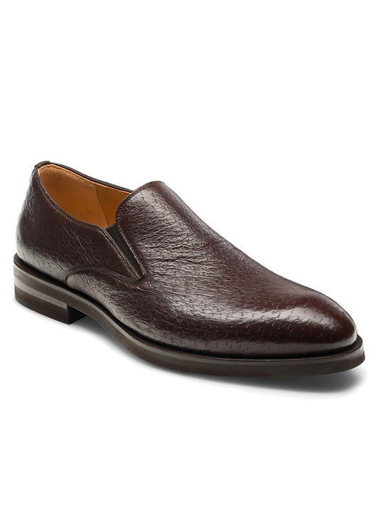 A single Magnanni Lima in Brown men's dress shoe made of dark brown peccary leather with a pebble grain texture, shown against a white background.