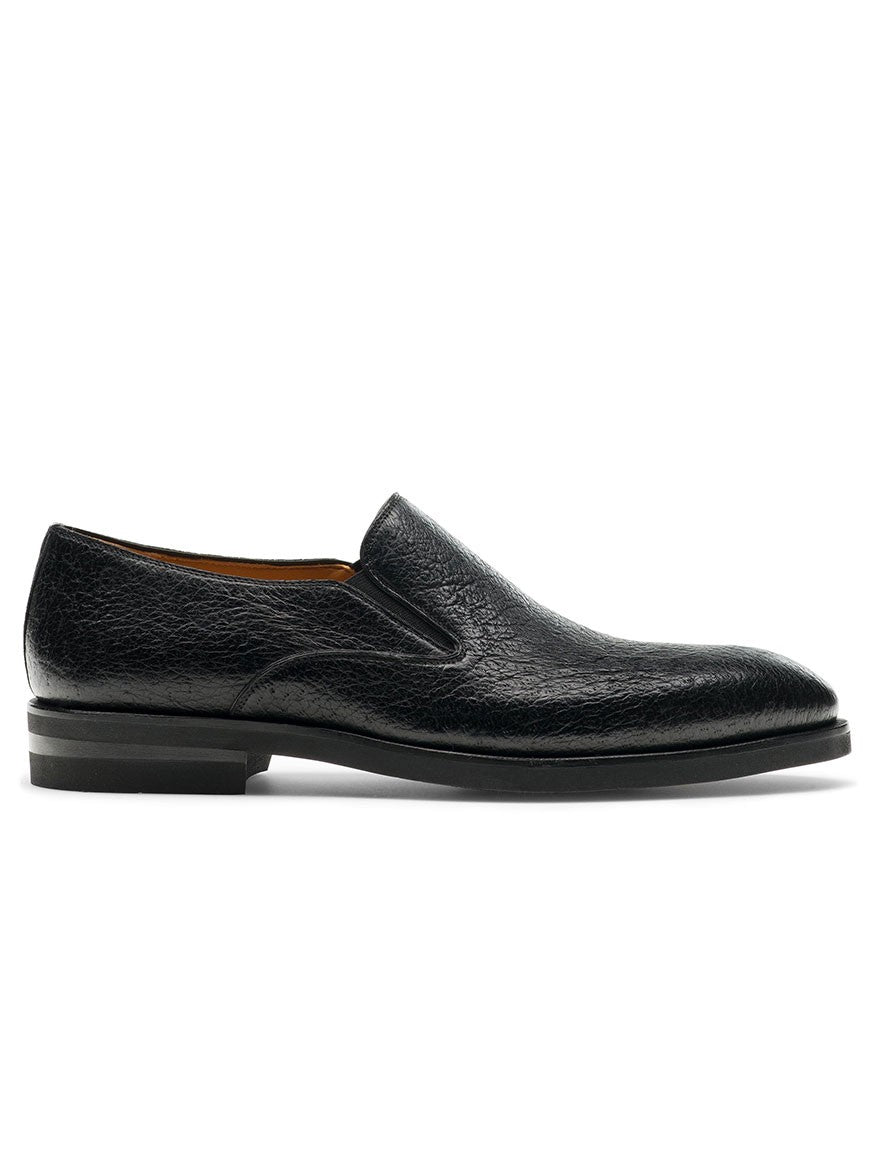 Magnanni Lima in Black peccary leather loafer with a low heel and a textured surface on a white background.