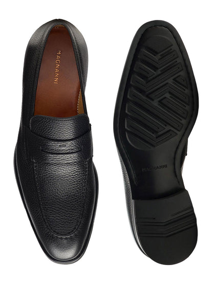 Black leather Magnanni Matlin III penny loafers with a top view of the shoe on the left and a bottom view of the Bologna construction sole on the right.