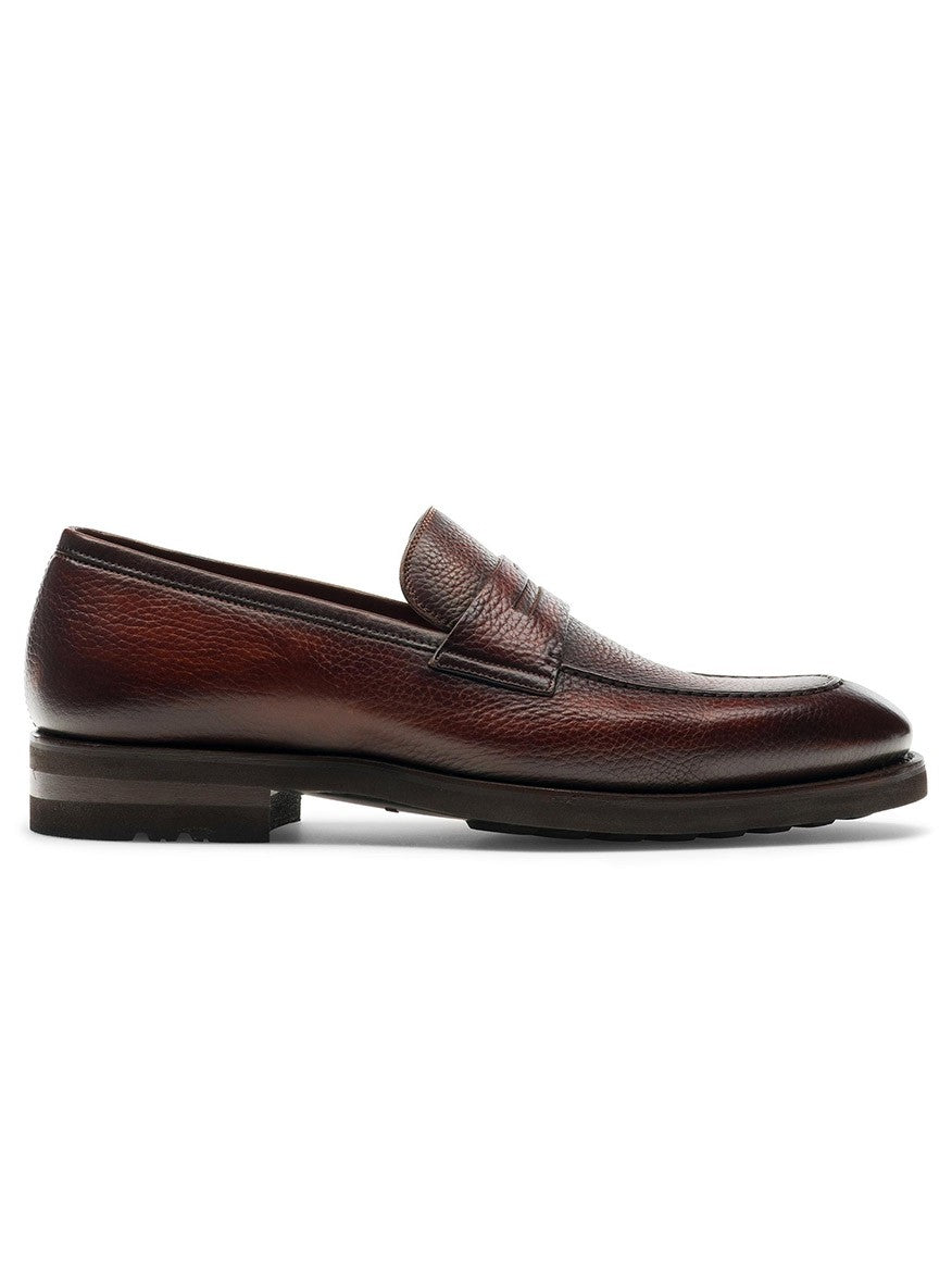 The Magnanni Matlin III in Midbrown penny loafer is a classic men's brown loafer, featuring Bologna construction, showcased beautifully on a clean white background.