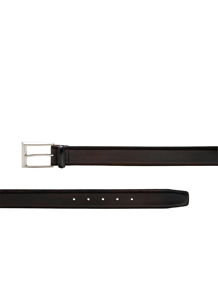 A Magnanni Rocas Belt in Brown with a silver rectangular buckle and multiple adjustment holes laid out flat on a white background, perfect for casual occasions.