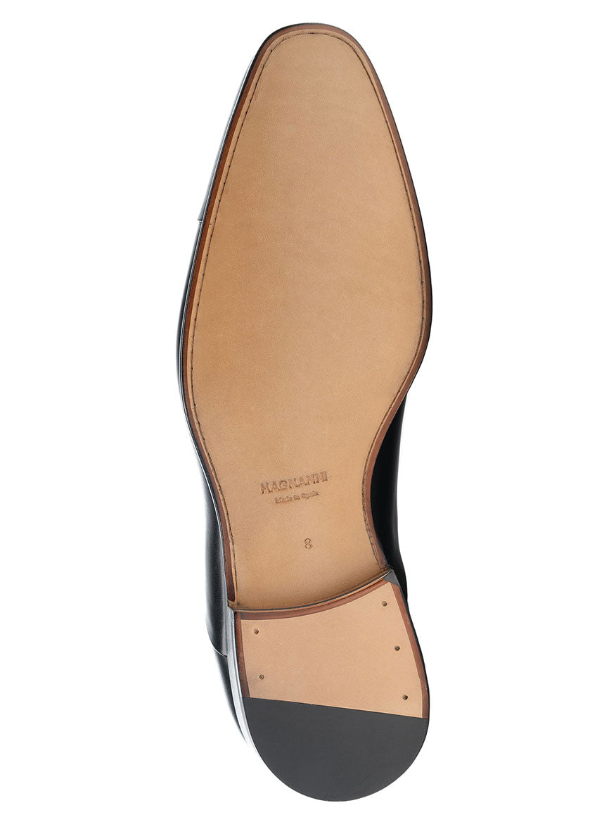 The underside of a Magnanni Segovia in Black leather dress shoe with a tan-colored sole and heel, showcasing the fine calfskin leather, intricate sole stitching, and the sole number "8".