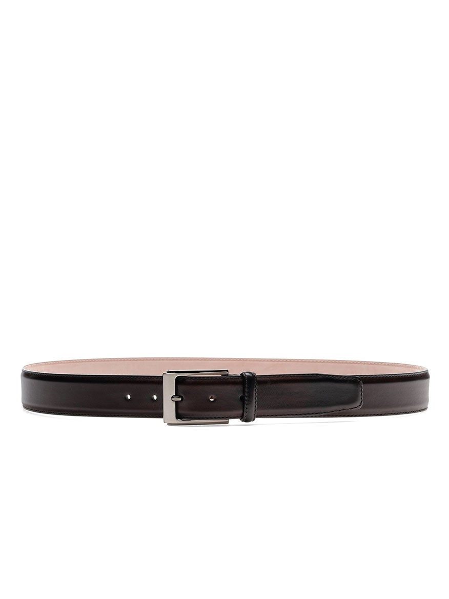 A Magnanni Vega Belt in Brown with a polished nickel buckle, made in Spain, shown against a white background.