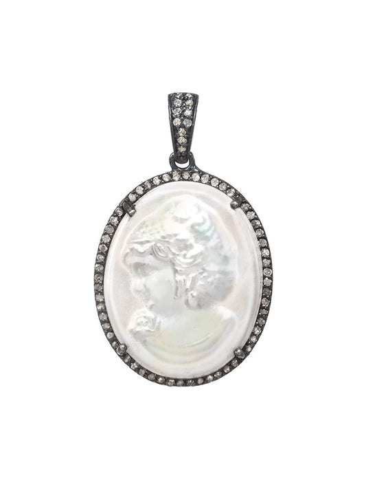 An oval charm featuring a Margo Morrison Small Mother-of-Pearl Cameo Charm with a diamond-encrusted border.