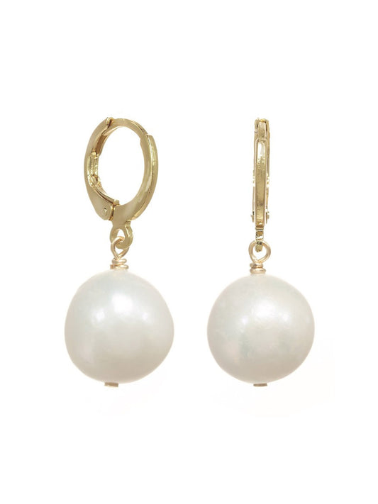 Pair of Margo Morrison Small White Baroque Pearl earrings with gold fill hoops.