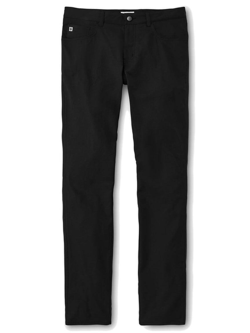 The Peter Millar Performance Five-Pocket Pant in Black, a straight-leg design with button and zip closure, features two-way stretch for comfort and front/back pockets, shown on a white background.