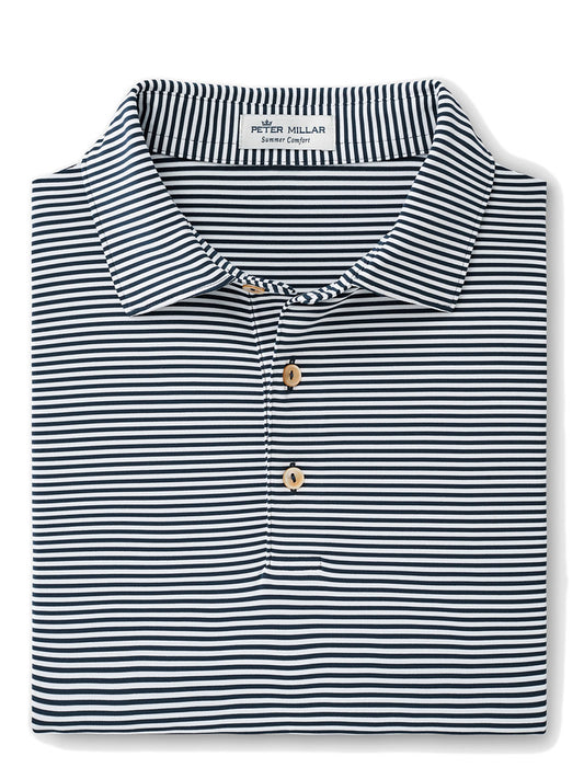 Folded Peter Millar Hales Performance Jersey Polo in Navy with buttons, made from antimicrobial jersey fabric.