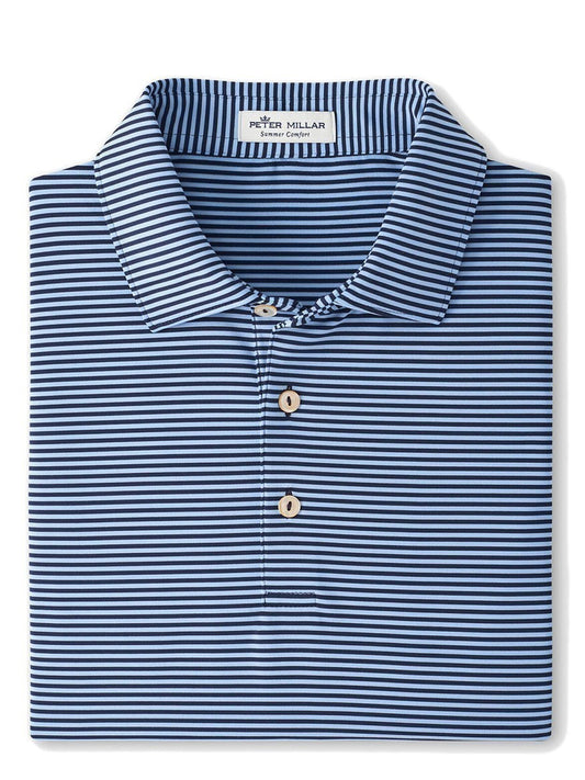 Folded Peter Millar Hales Performance Jersey Polo in Navy/Cottage Blue with visible brand label at collar.