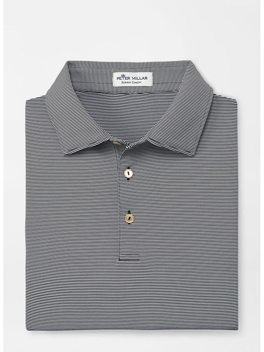 A folded Peter Millar Jubilee Stripe Performance Polo in black with a collar and three buttons, providing UPF 50+ protection, displayed against a white background.