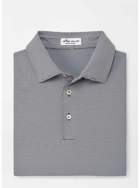 Folded Peter Millar Jubilee Stripe Performance Polo in Iron on a flat surface, featuring moisture-wicking fabric for ultimate comfort.