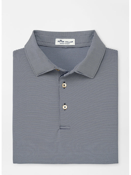The men's Peter Millar Jubilee Stripe Performance Polo in Navy with UPF 50+ sun protection.