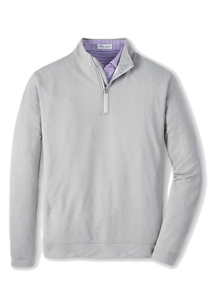 Peter Millar Perth Melange Performance Quarter-Zip in Gale Grey displayed over a collared shirt.