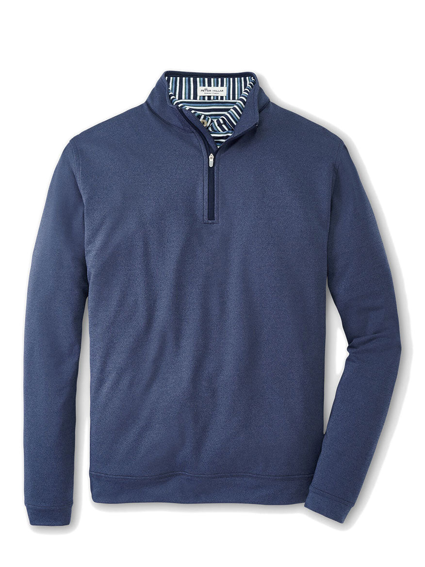 Navy blue Peter Millar Perth Melange Performance Quarter-Zip displayed on a plain background, featuring a striped collar detail.