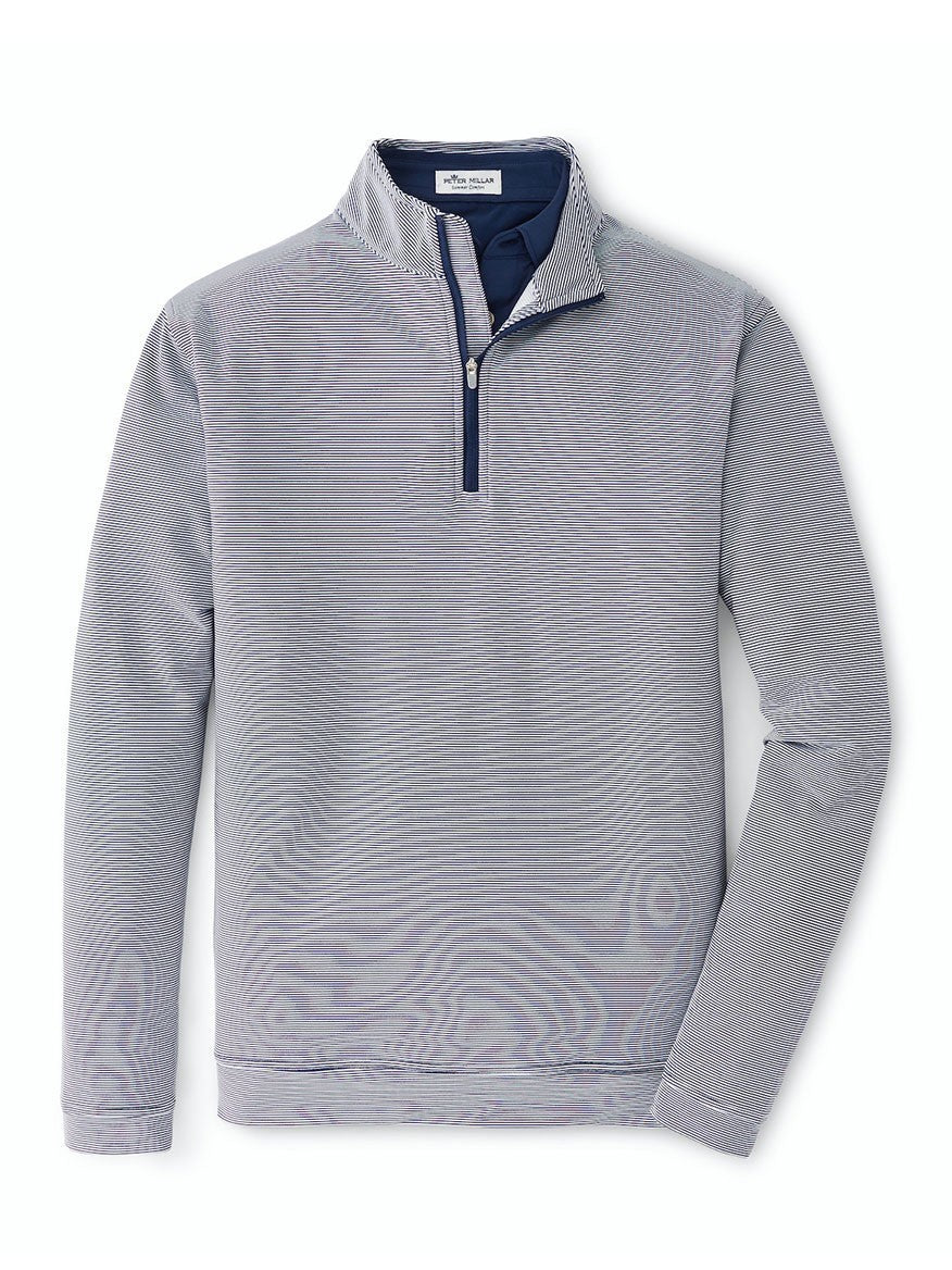 Men's Peter Millar Perth Sugar Stripe Performance Quarter-Zip in Navy/White on a white background.