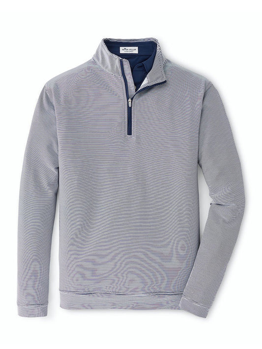 Men's Peter Millar Perth Sugar Stripe Performance Quarter-Zip in Navy/White on a white background.