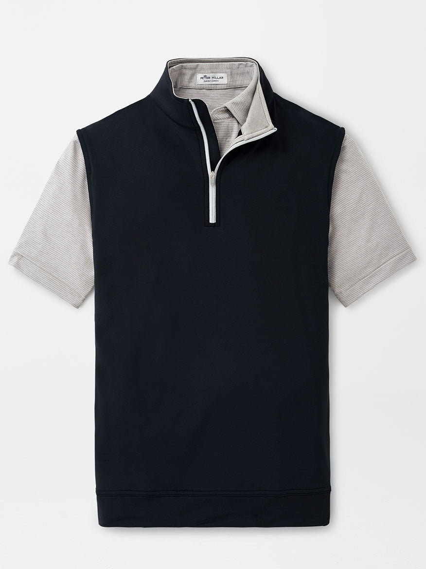 A men's black and grey Peter Millar Galway Performance Quarter-Zip Vest in Black.