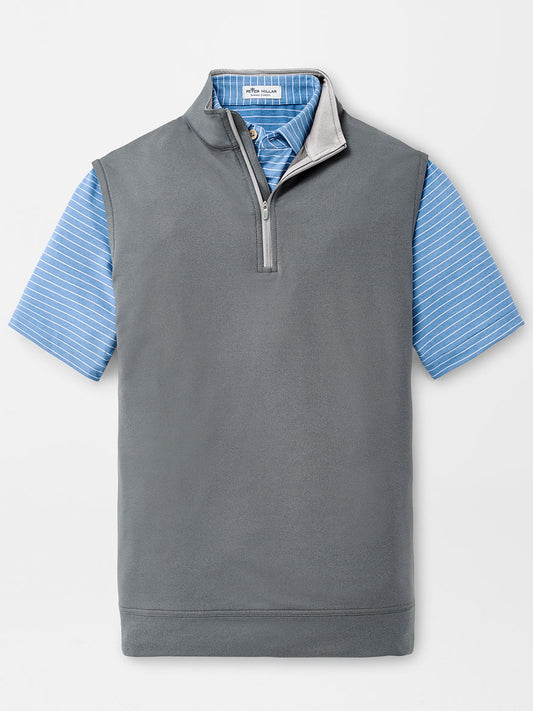 A grey and blue Peter Millar Galway Performance Quarter-Zip Vest in Iron, providing UPF 50+ sun protection.