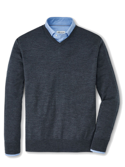 The Peter Millar Autumn Crest V-Neck in Charcoal men's v-neck sweater crafted from soft Merino wool.